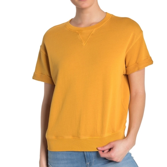 Frame Sweatshirt Short Sleeve Roll Cuffs Crew Pullover Faded Marigold L NWT - Picture 2 of 14